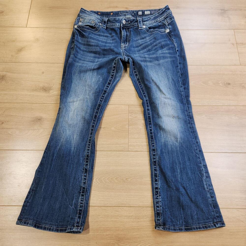 Miss Me Easy Boot Jeans Womens 31 Medium Blue Mid Rise Bootcut Rhinestone Denim